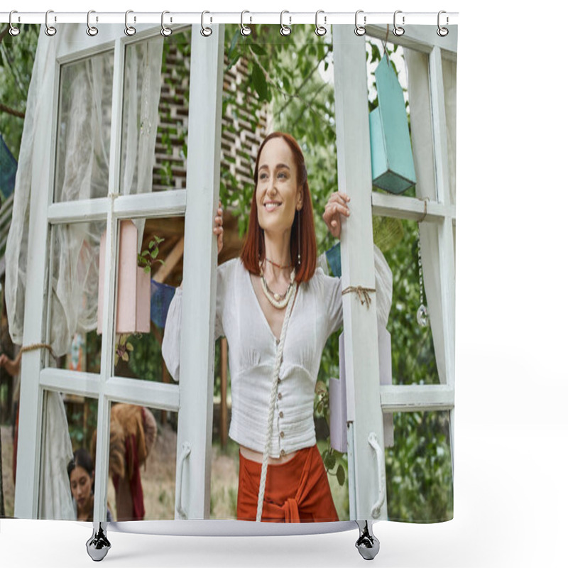 Personality  Cheerful And Trendy Redhead Woman Standing Near Doors Outdoors In Retreat Center Shower Curtains