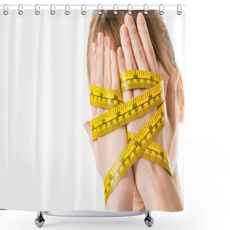 Personality  Close-up Shot Of Woman Covering Face With Hands Tied In Measuring Tape Isolated On White Shower Curtains