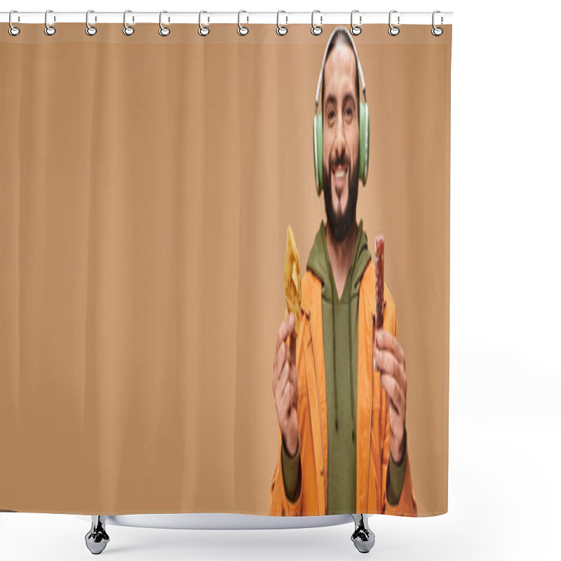 Personality  Happy Man In Headphones Holding Two Middle Eastern Desserts, Honey Baklava And Churchkhela Banner Shower Curtains