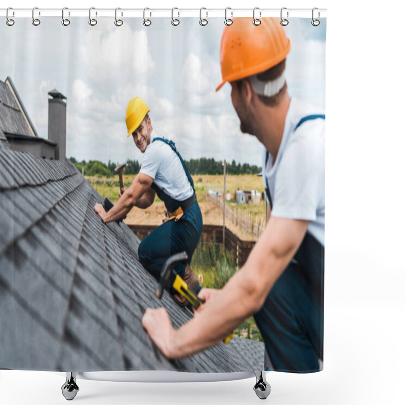 Personality  Selective Focus Of Happy Repairman Looking At Coworker On Roof  Shower Curtains