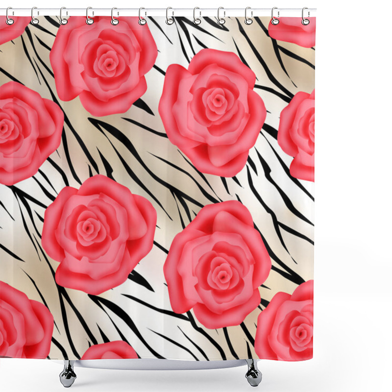 Personality  Pink Roses On Tiger Wild Skin Leather Seamless Pattern Shower Curtains