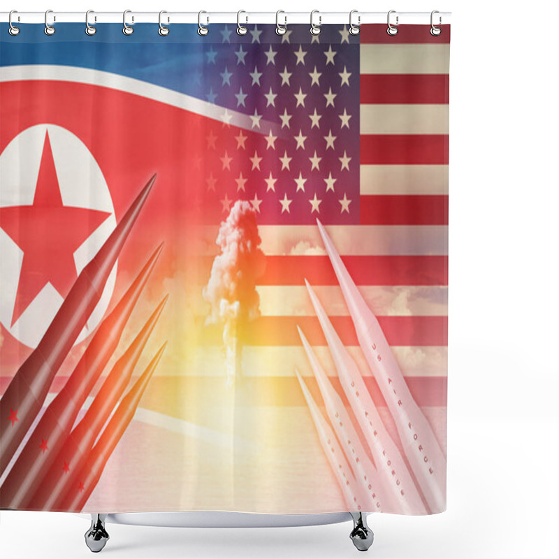 Personality  North Korean Lunch ICBM Missile Test Attack With US News Illustration Concept. Shower Curtains