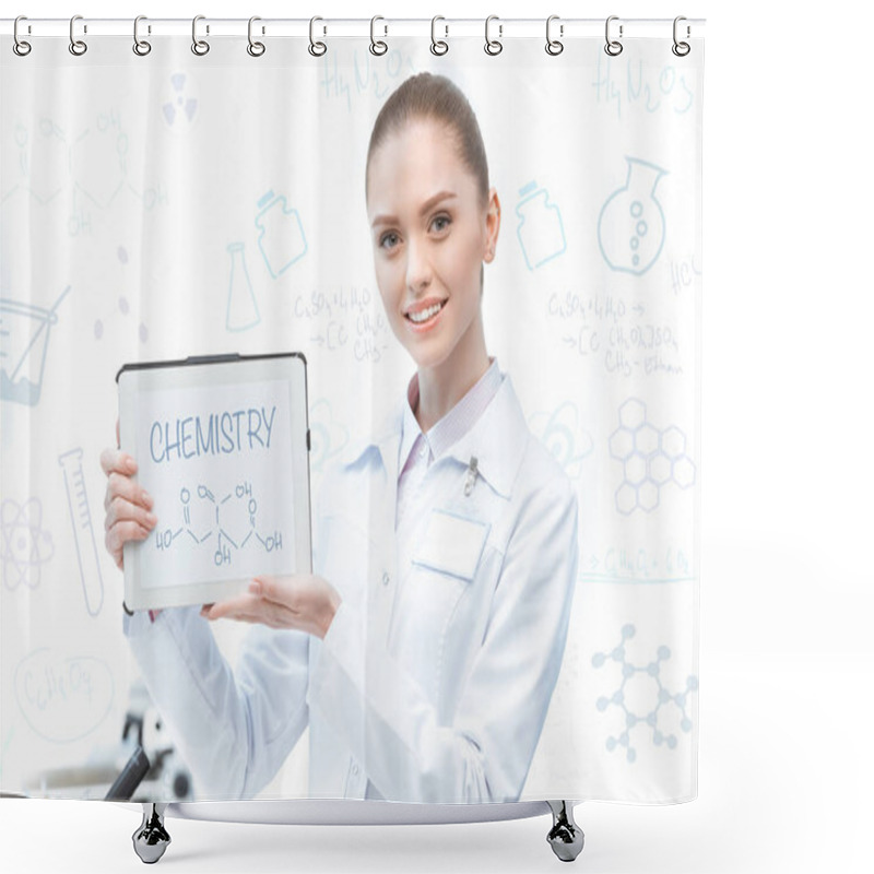 Personality  Woman Scientist With Digital Tablet Shower Curtains