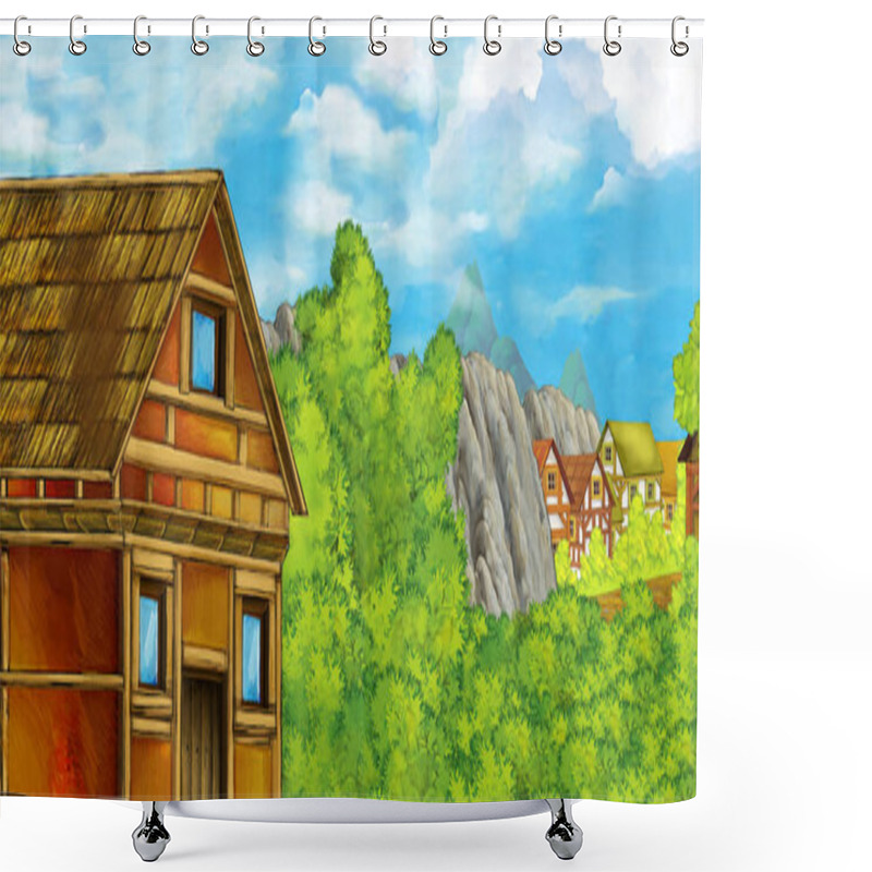 Personality  Cartoon Scene With Mountains Valley Near The Forest With Wooden House Illustration For Children Shower Curtains