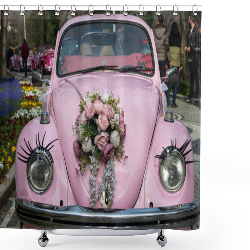 Personality  Pink Classic Convertible Car And Flowers On Hood  Shower Curtains