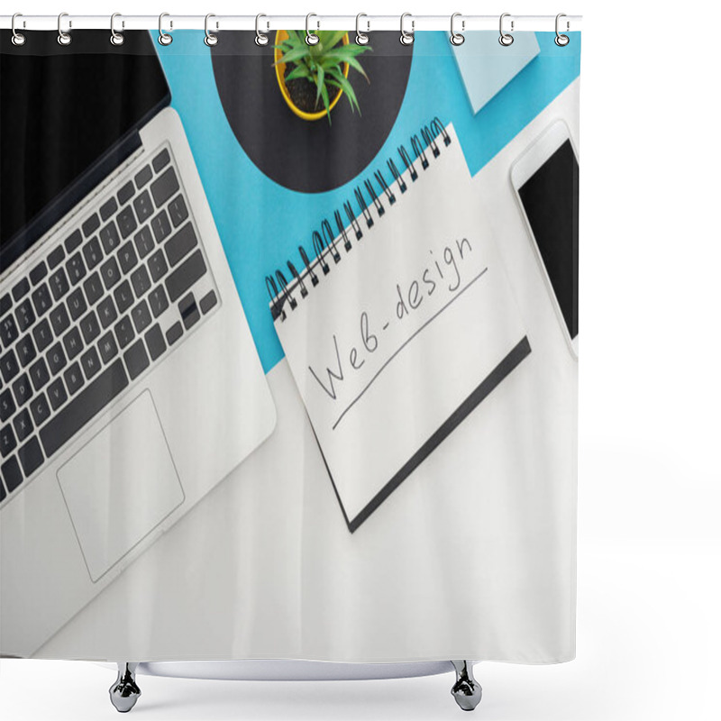 Personality  Top View Of Laptop, Smartphone, Plant, Notebook With Web Design Lettering On Abstract Geometric Background Shower Curtains