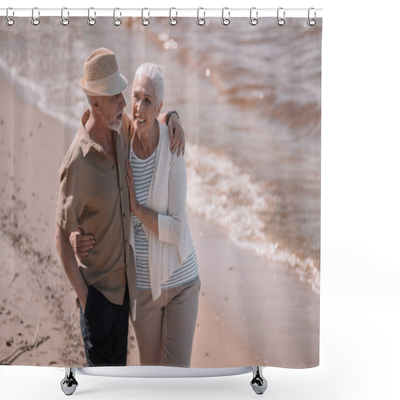 Personality  Senior Couple Walking On Beach  Shower Curtains