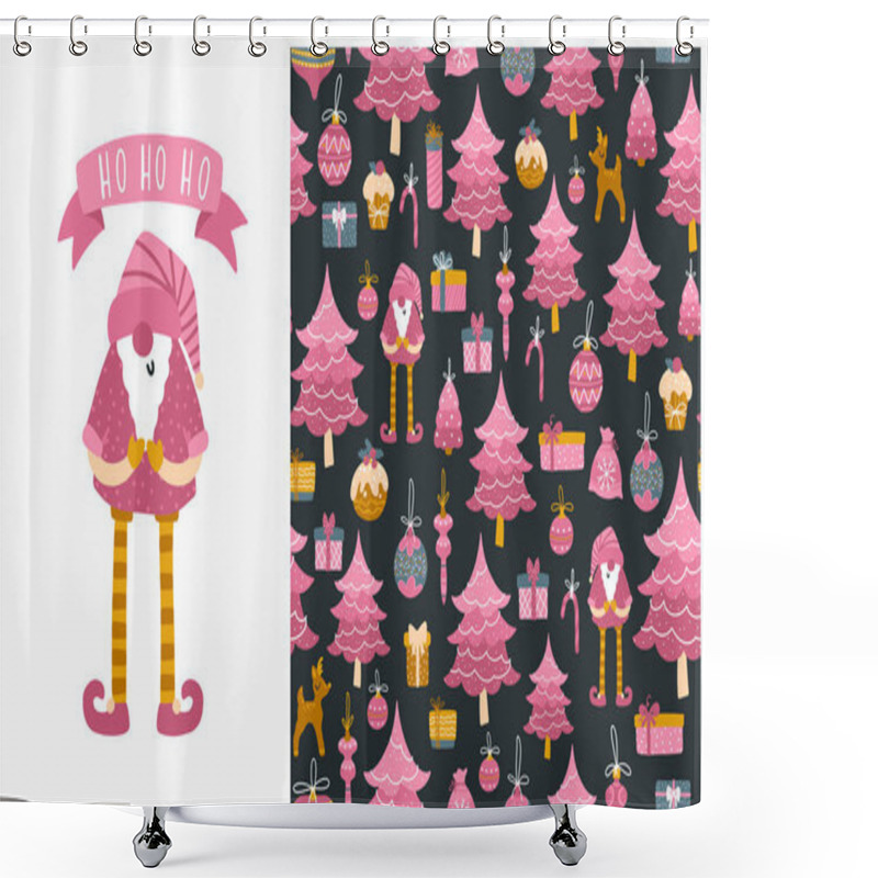 Personality  Santa Toy, Christmas Tree And Gift Boxes. Set Of Vector Seamless Patterns And Illustrations. Childish Hand-drawn Scandinavian Style. A Limited Pink Palette On A Dark Background Is Perfect For Print Shower Curtains