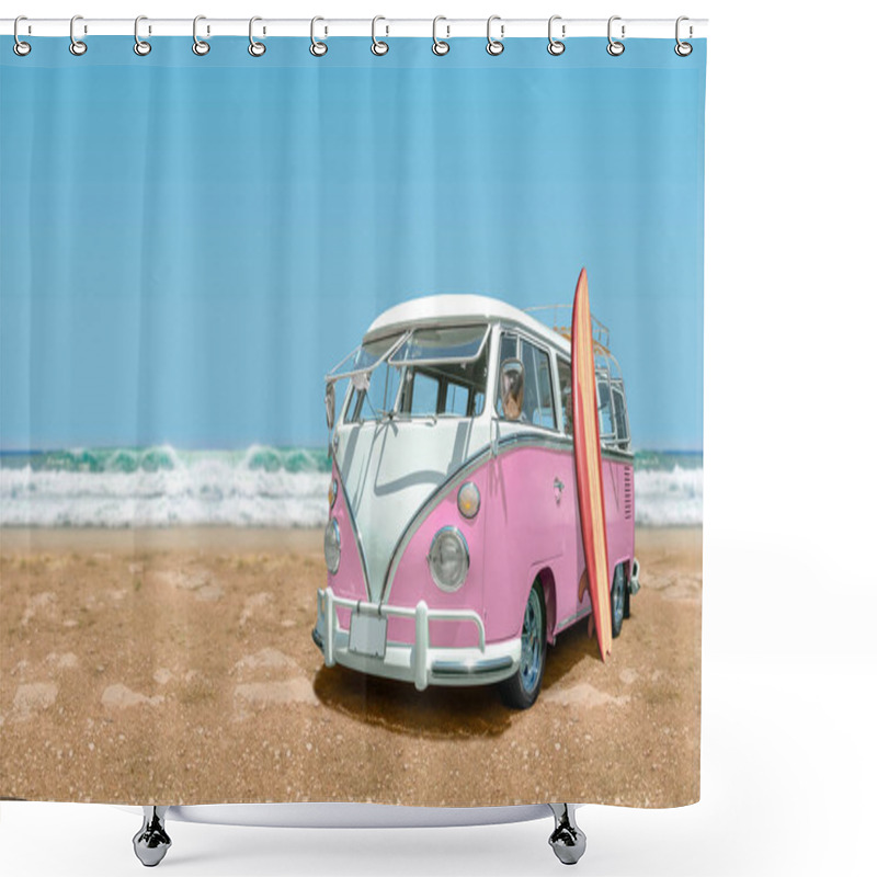 Personality  Calssic Minivan With Surfboard At The Beach With Sea And Blue Sky In The Background, 3D Composite Image. Shower Curtains