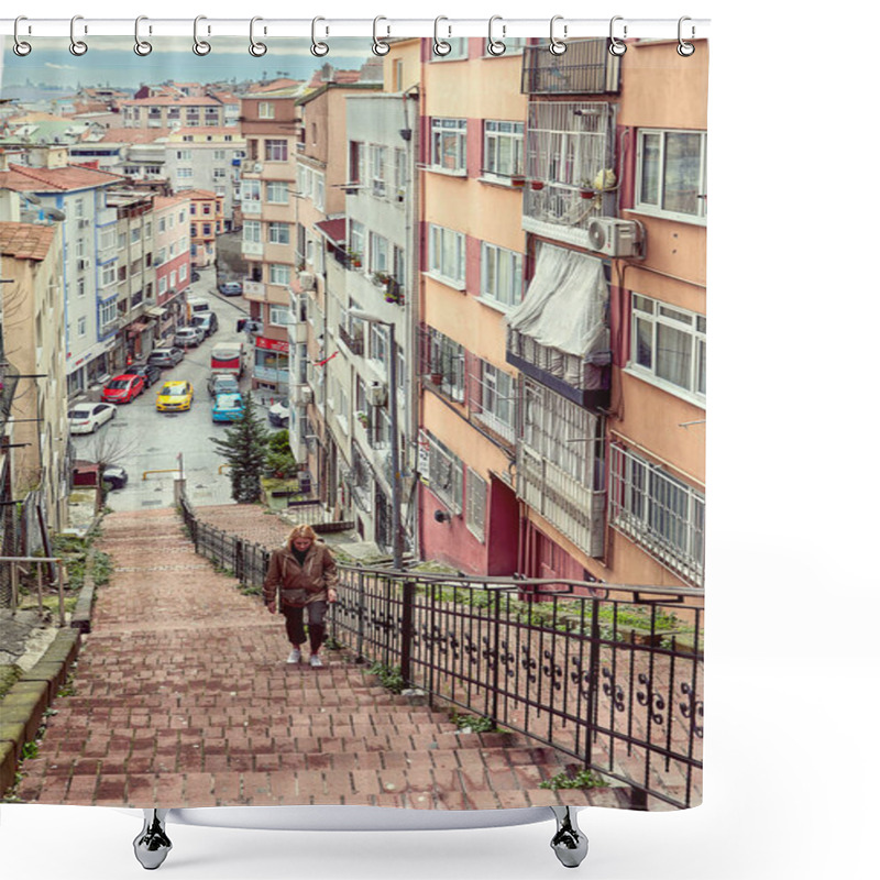 Personality  Istanbul, Turkey - February 12, 2020: A Woman Climbs The Steep Red Stairs In The Center Of Istanbul. Shower Curtains