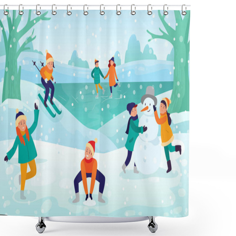 Personality  Winter Kids Activities Snow Fight And Ski. Vector Winter Activity Fight Season, Snow Outdoor Fun Illustration, Make Snowman Shower Curtains