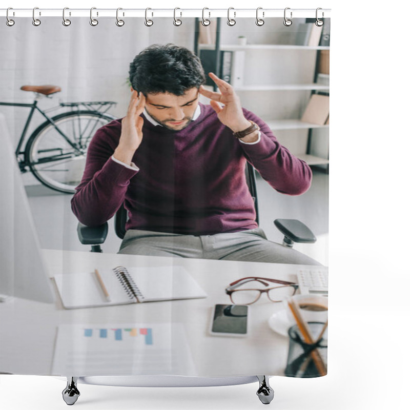 Personality  Tired Designer In Burgundy Sweater Having Headache In Office  Shower Curtains