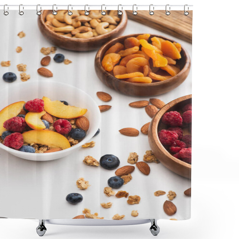 Personality  Delicious Granola With Nuts And Fruits On White Background Shower Curtains