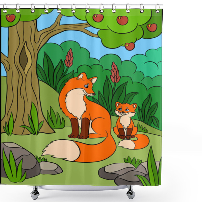 Personality  Coloring Pages. Wild Animals. Smiling Mother Fox With Her Little Cute Baby Fox In The Forest.  Shower Curtains