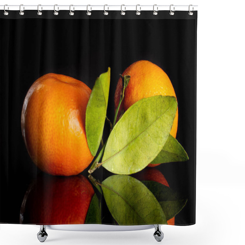 Personality  Mandarine With A Leaf Isolated On Black Glass Shower Curtains