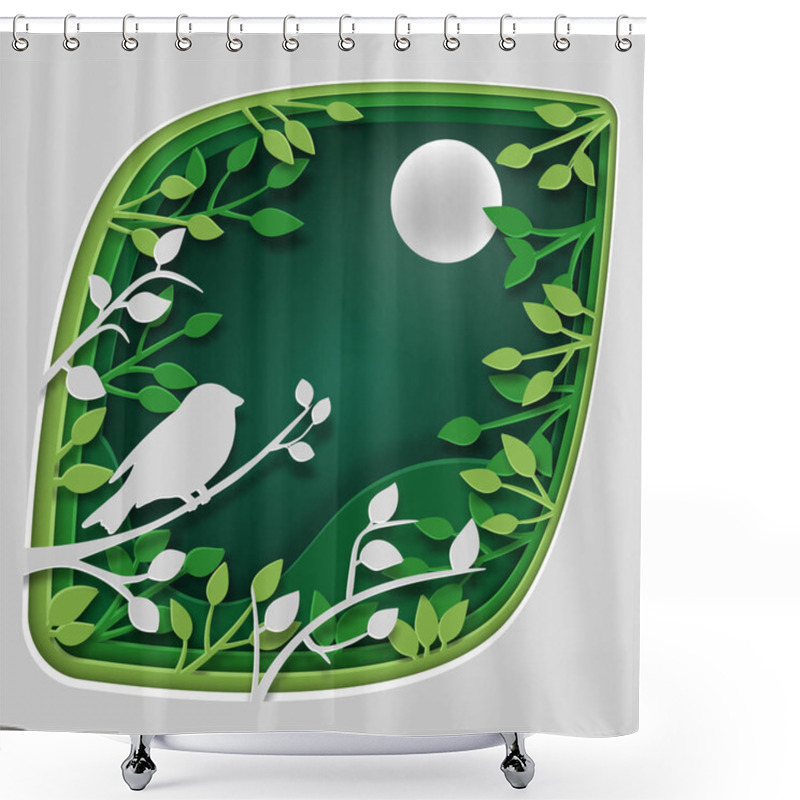 Personality  Paper Art Carve To Bird On Tree Branch In Forest At Night Vector Art And Illustration. Shower Curtains