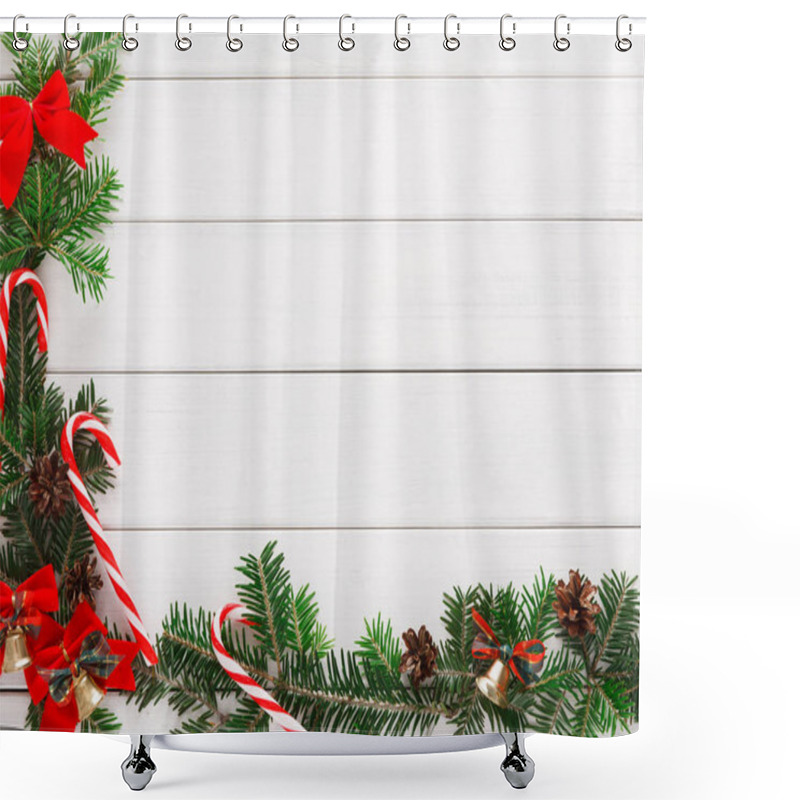 Personality  Christmas Background With Candies And Fir Tree Border On Wood Shower Curtains