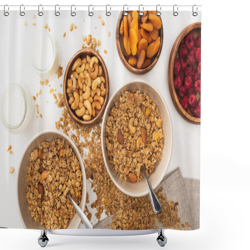 Personality  Top View Of Delicious Granola With Nuts, Raspberry, Yogurt And Dried Apricots Isolated On White Shower Curtains