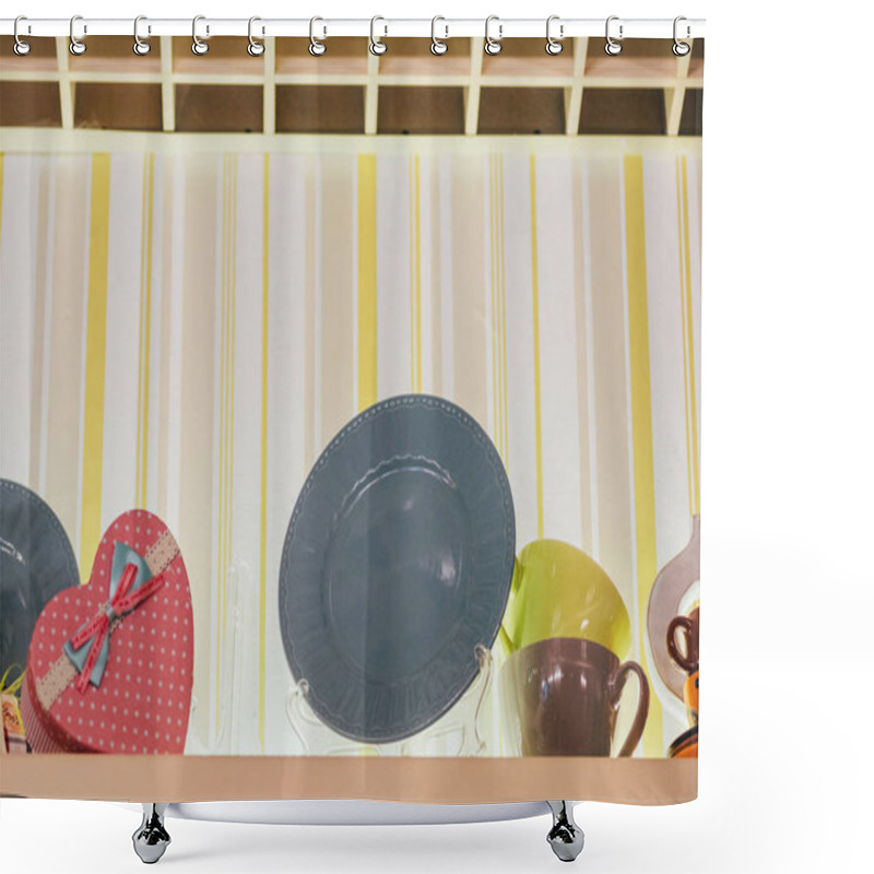 Personality  Low Angle View Of Decorative Plates, Cups And Heart Shaped Box In Restaurant Shower Curtains