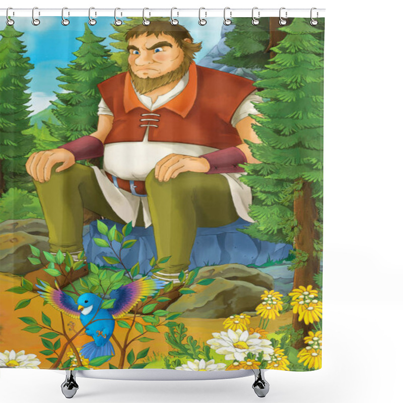 Personality  Cartoon Scene With Trapped Bird And Giant Sitting On The Rock - Illustration For Children Shower Curtains