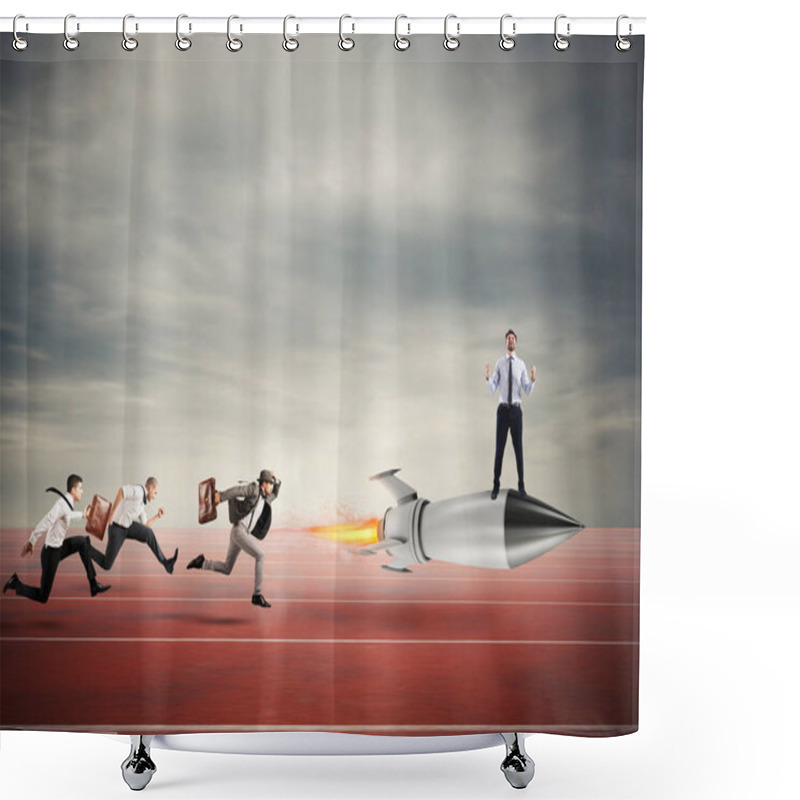 Personality  Winner Businessman Over A Fast Rocket. Concept Of Business Competition Shower Curtains