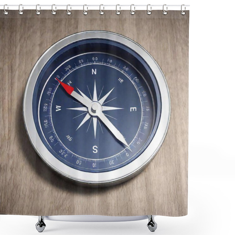 Personality  A High-resolution Digital Artwork Of A Close-up Compass. The Detailed Compass Features A Sleek, Modern Design With A Metallic Silver Pointer And Intricate Blue Directional Markers. The Compass Rests Against A Textured, Light-wood Surface, Adding A Shower Curtains