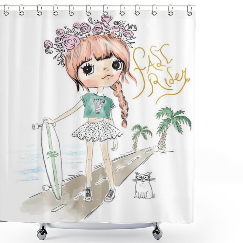 Personality  Girl With Skate And Cat Shower Curtains