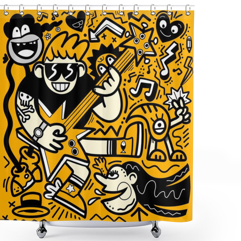 Personality  Doodle, Cartoon Character Playing Guitar With Various Creatures, In The Style Of Fluid Line Work, Yellow And Black, Ragepunk, Expressive Texture, Tumble Wave, Loose Gestures ,Illustration Vector  Shower Curtains