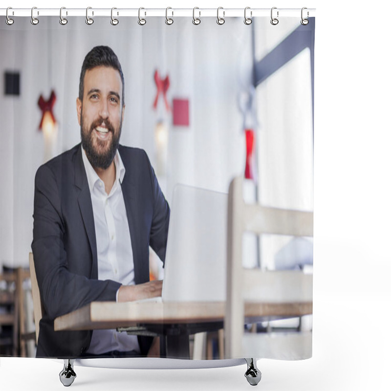 Personality  Businessman Working On Laptop In Restaurant  Shower Curtains