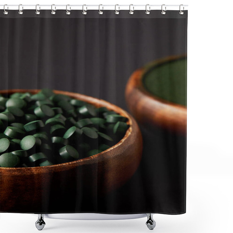 Personality  Selective Focus Of Wooden Bowls With Spirulina Powder And Spirulina In Pills On Grey Background Shower Curtains