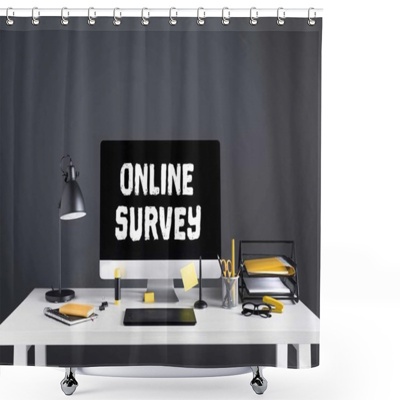 Personality  Desktop Computer With Online Survey Inscription On Screen, Graphics Tablet And Office Supplies At Workplace Shower Curtains