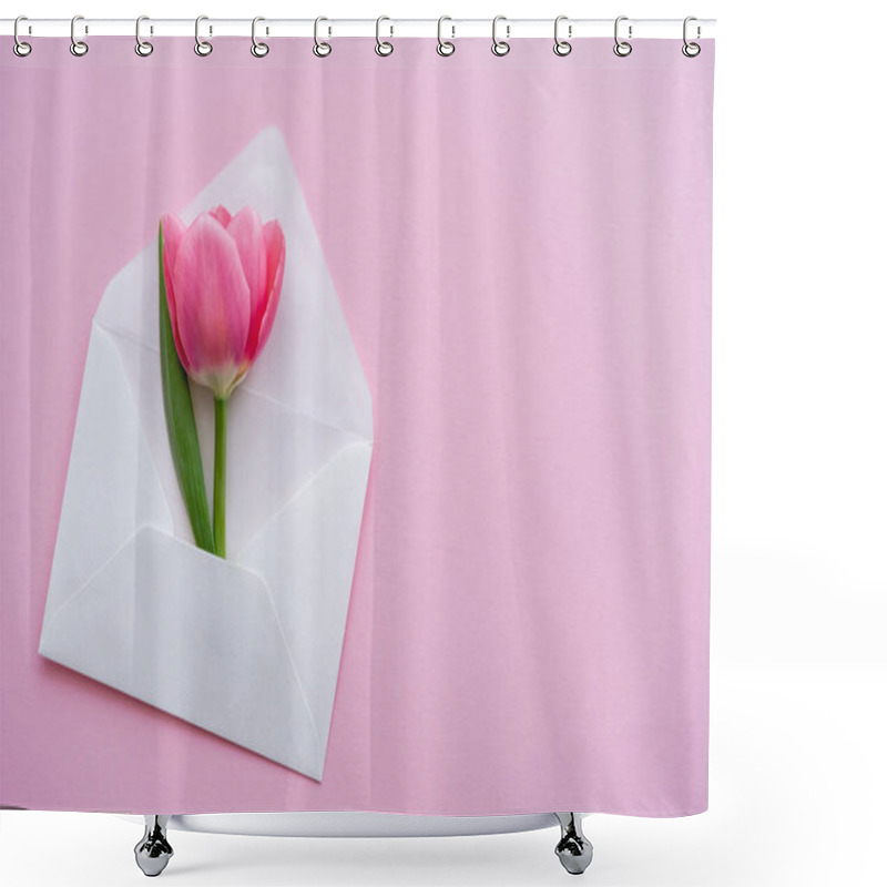 Personality  Top View Of Blooming Tulip In White Envelope On Pink, Mothers Day Concept  Shower Curtains