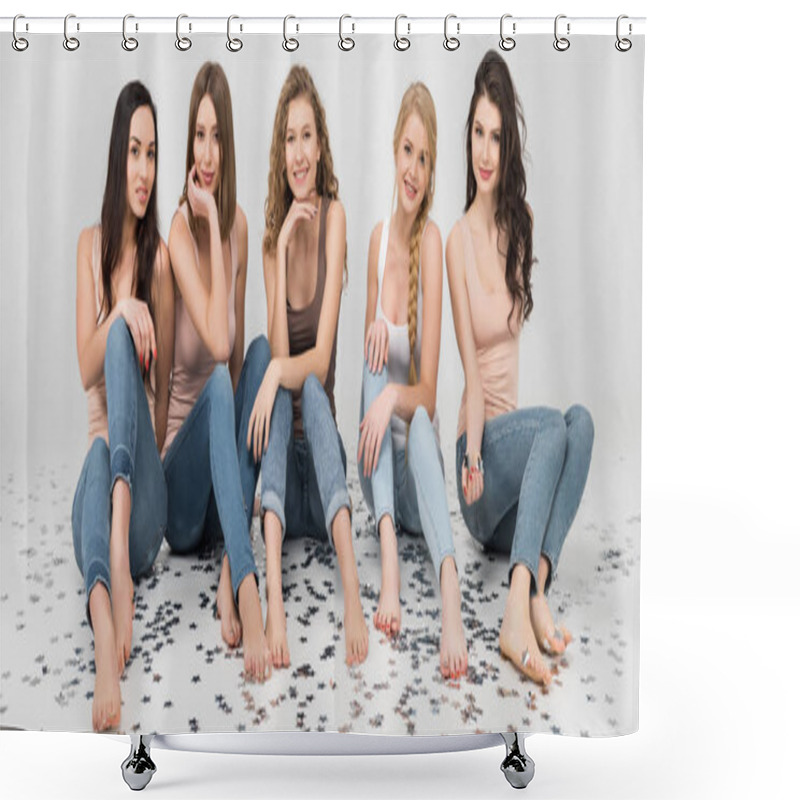 Personality  Happy Girls Sitting On Floor Near Confetti Stars Isolated On Grey Shower Curtains