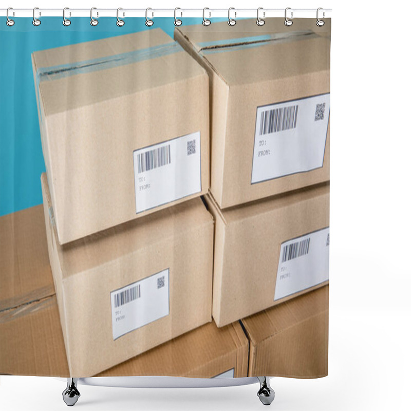 Personality  Stacked Cardboard Boxes With Qr And Barcodes On Cards Isolated On Blue Shower Curtains