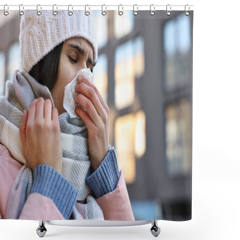 Personality  Woman With Tissue Blowing Runny Nose Outdoors. Cold Symptom Shower Curtains