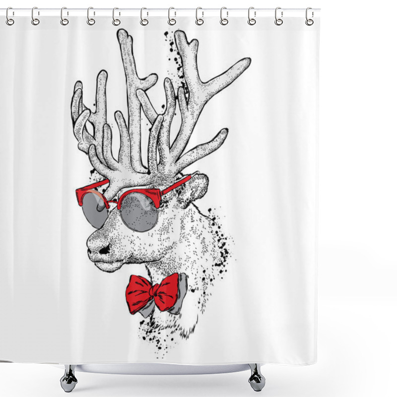 Personality  Beautiful Deer With Glasses And Tie. Vector Illustration For A Card Or Poster. Print On Clothes. Fashion & Style. Wild Animal. Shower Curtains