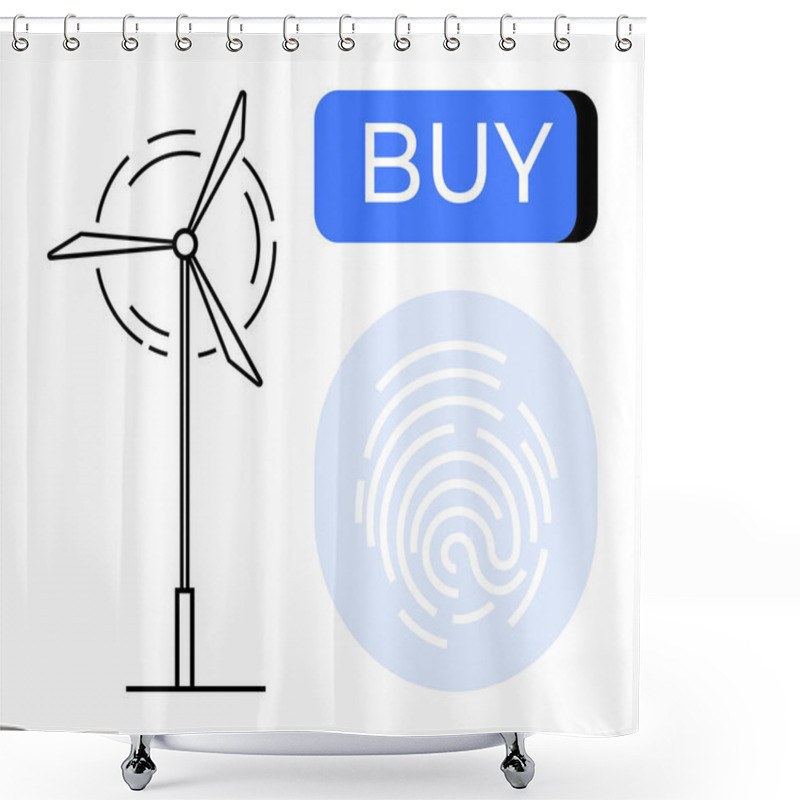 Personality  Wind Turbine Icon, BUY Button In Blue, And Fingerprint Scan Symbol. Ideal For Sustainable Energy, Online Purchases, Biometric Authentication, Eco-friendly Solutions, Clean Technology, E-commerce Shower Curtains