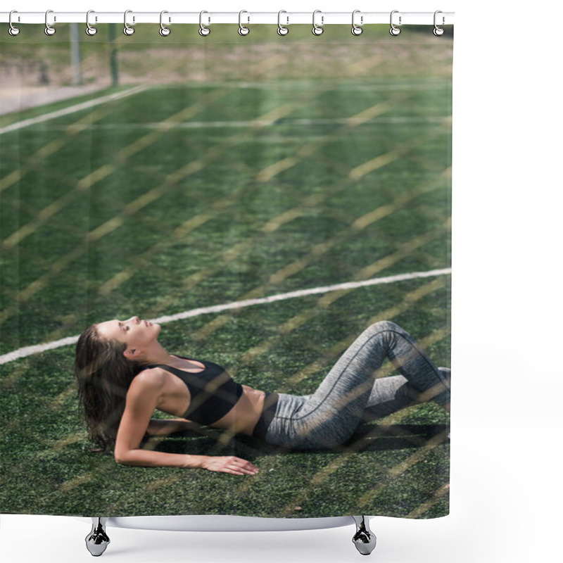 Personality  Woman Resting On Sports Field Shower Curtains