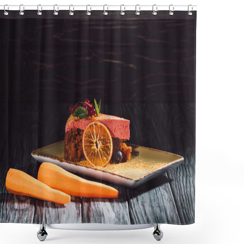 Personality  Close Up View Of Carrot Cake With Berry Filling, Mint, Orange Slice On Plate Near Carrots On Wooden Table  Shower Curtains