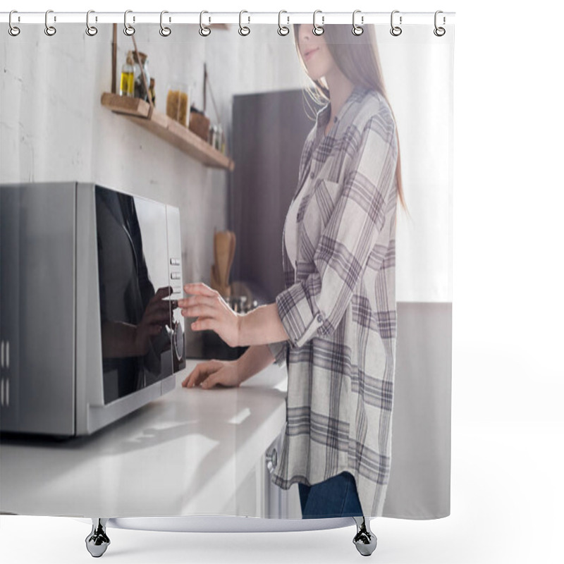 Personality  Cropped View Of Woman In Shirt Using Microwave In Kitchen  Shower Curtains