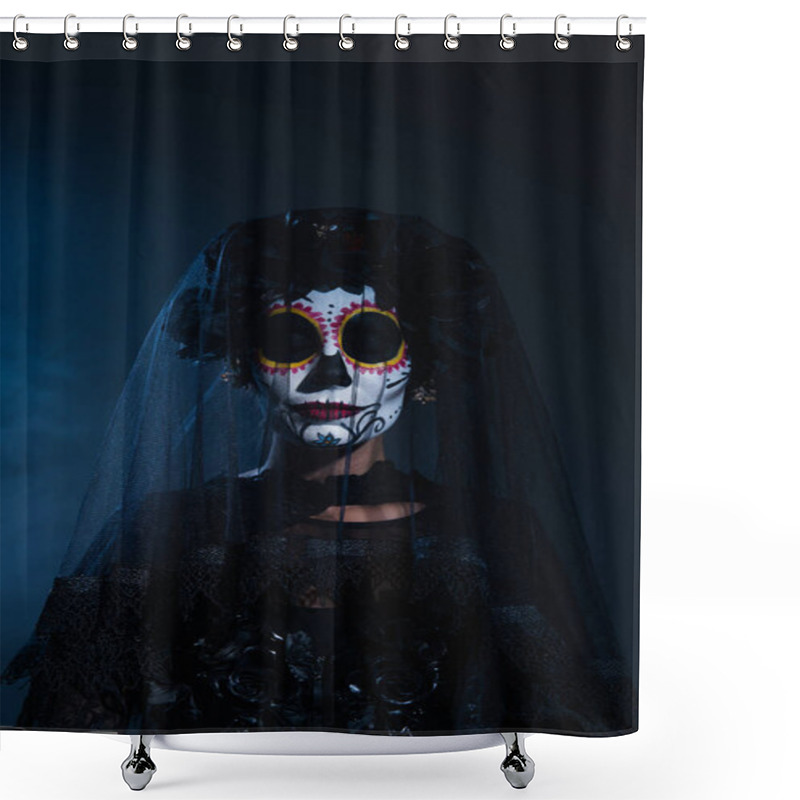 Personality  Woman In Creepy Halloween Makeup And Black Wreath With Veil Posing With Closed Eyes On Dark Blue Background Shower Curtains