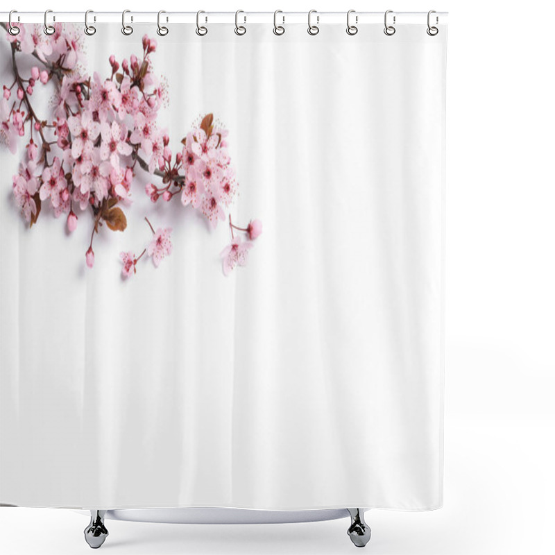 Personality  Blossoming Spring Tree Branch On White Background, Top View. Space For Text Shower Curtains