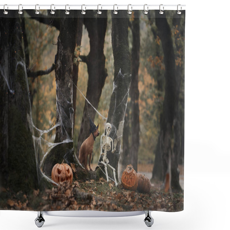 Personality  An American Hairless Terrier Sits Wearing A Witch Hat Next To A Carved Pumpkin In A Spooky Forest. The Halloween Decorations Create A Festive, Eerie Atmosphere. Shower Curtains