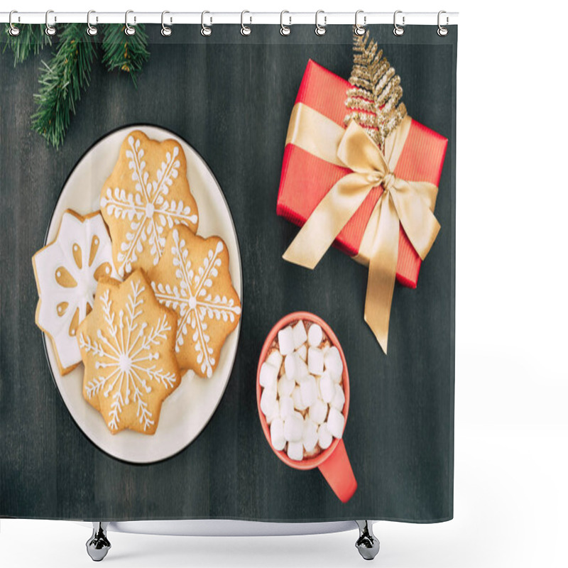 Personality  Christmas Gift And Hot Chocolate With Cookies Shower Curtains