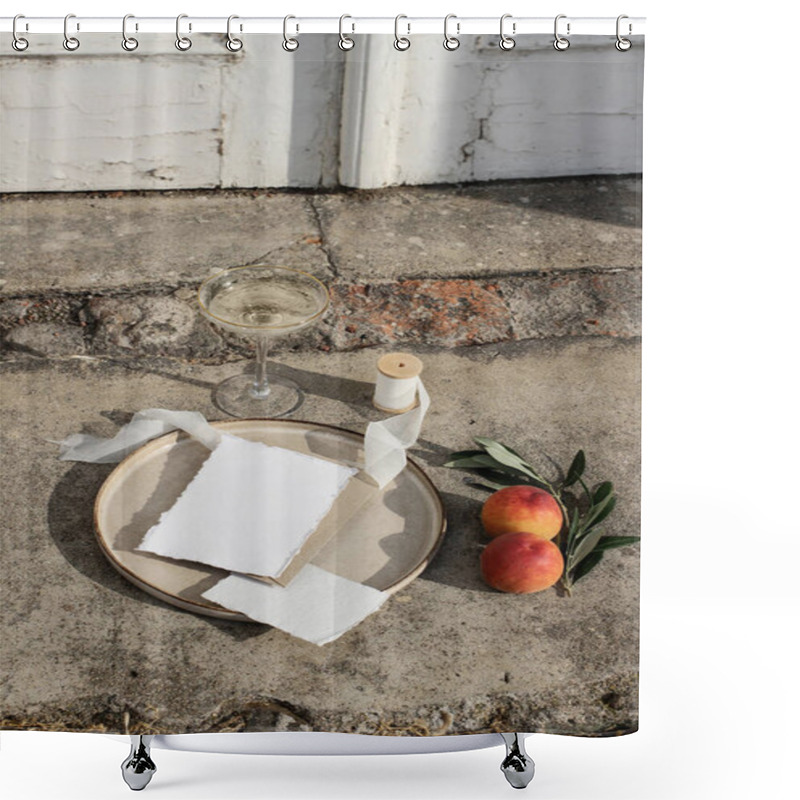 Personality  Summer Wedding Still Life Scene. Blank Card, Invitation Mock-up. Olive Branches, Silk Ribbon And Peaches Fruit On Grunge Concrete Background. Blurred Old White Door. Wine Champagne Glass, Vertical Shower Curtains