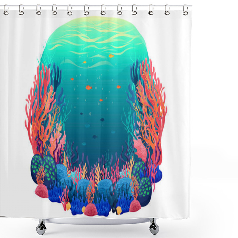 Personality  Colorful Summer Illustration With Underwater World, Fish, Coral Reefs, Seaweed, Beautiful Ocean, Vector   Shower Curtains