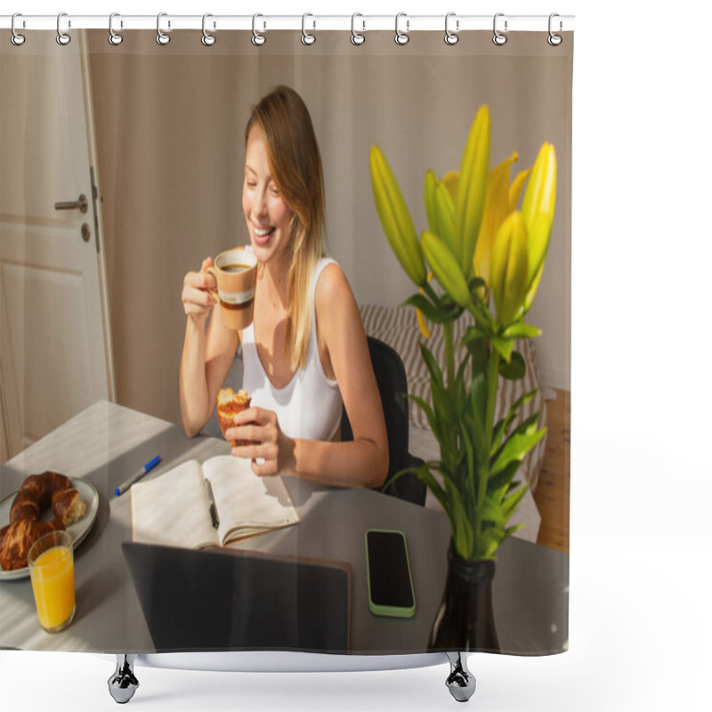 Personality  Cheerful Freelancer Holding Coffee And Croissant Near Gadgets And Flowers At Home  Shower Curtains