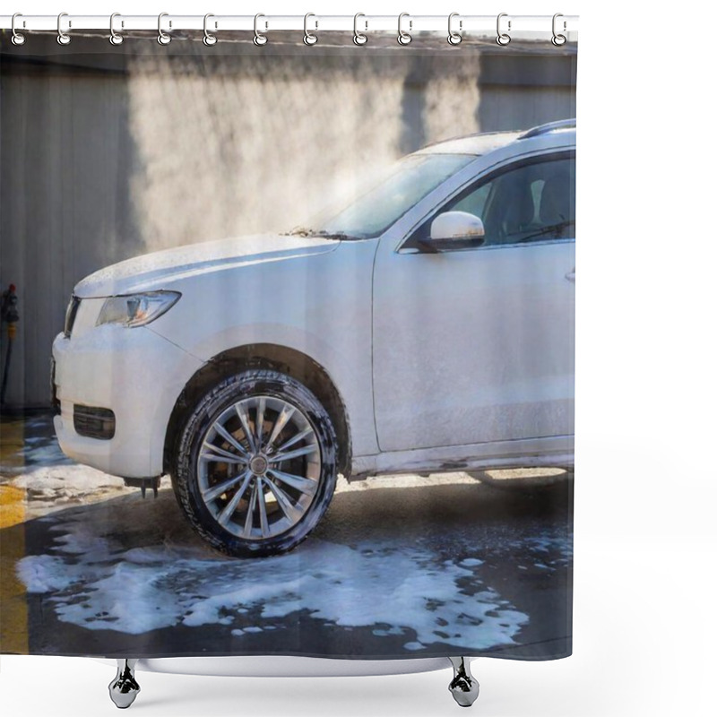 Personality  A High-resolution Photograph Captures A Close-up View Of A Car Covered In Thick, White Soapy Foam At An Automated Car Wash. The SUV Stands Stationary On A Concrete Surface, With Soap Drizzling Down Its Black, Shiny Exterior, Reflecting The Sunlight Shower Curtains