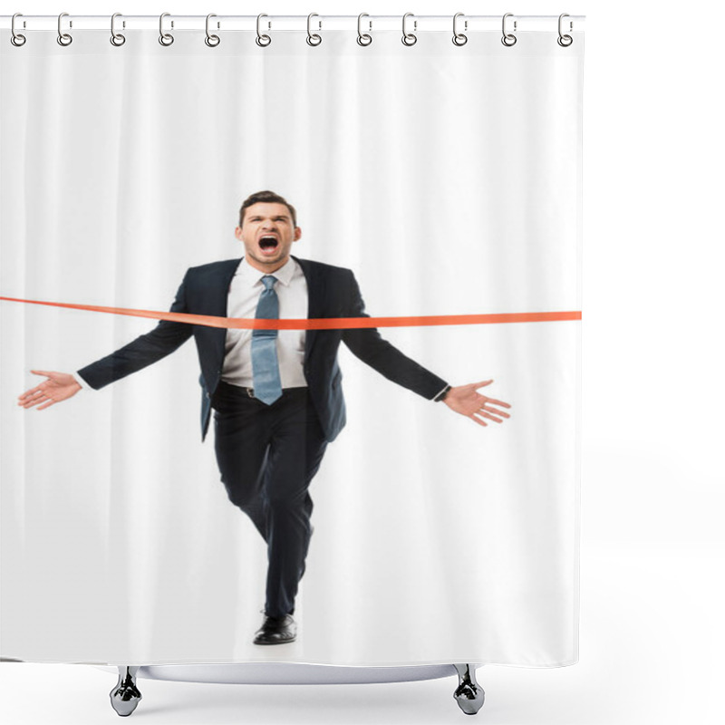 Personality  Excited Yelling Businessman Reaching Finishing Line Isolated On White Shower Curtains