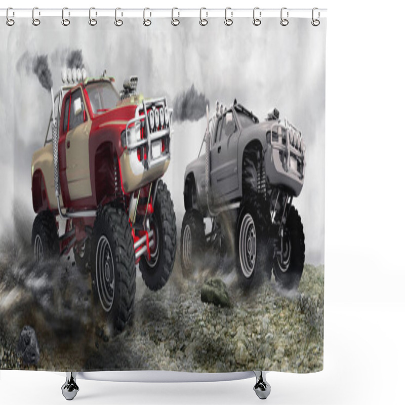 Personality  2 Monster Trucks In The Race On Rocky Ground Shower Curtains